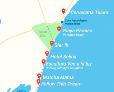mapa de ruta de la selfie fotos en Tulum