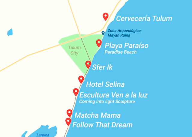 mapa de ruta de la selfie fotos en Tulum